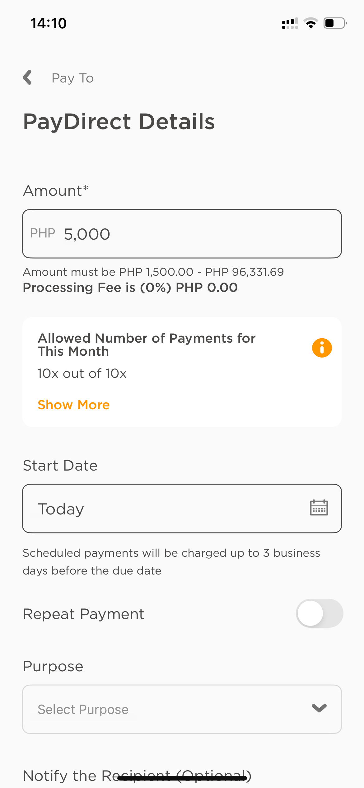 paydirect amount